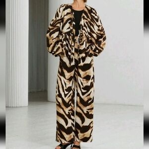 Women 2pcs Set: Classic Retro Leopard Print Tie-Front Cropped Blouse And Pants